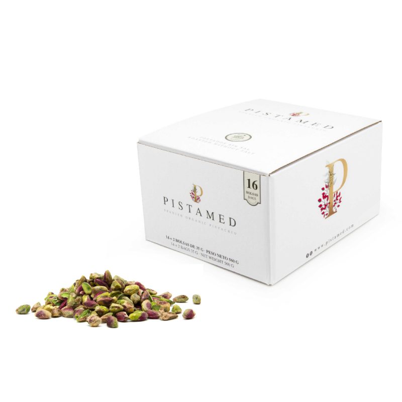 Pack of 16 sachets of shelled organic pistachios. 0,56 Kg. 1
