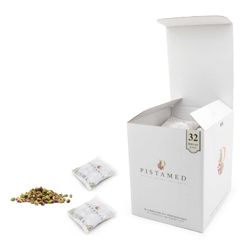Pack of 32 sachets of shelled organic pistachios. 1,1 Kg. 1