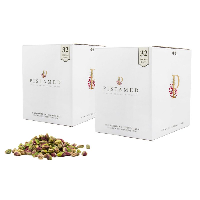 2 Pack of 32 bags of shelled organic pistachios. 1,1 Kg. 1